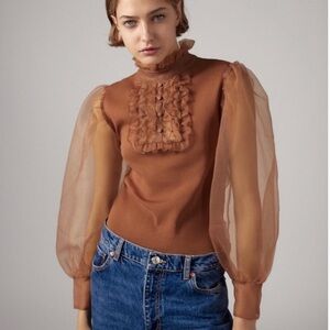 Zara Organza Ruffle Detail Long Puffed Sleeves Brown Sweater Top Size Medium